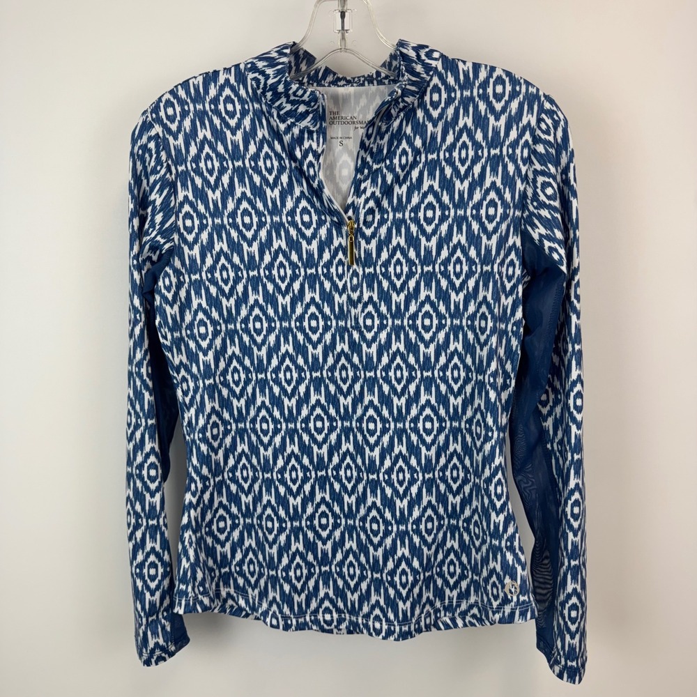 The American Outdoorsman Women Blue White Ikat Quarter Zip Mesh Pullover S